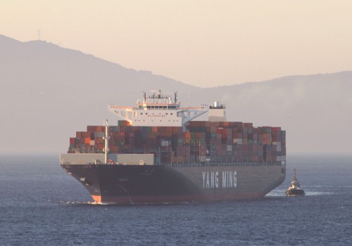 Yang Ming container ship leaving Taiwan port.