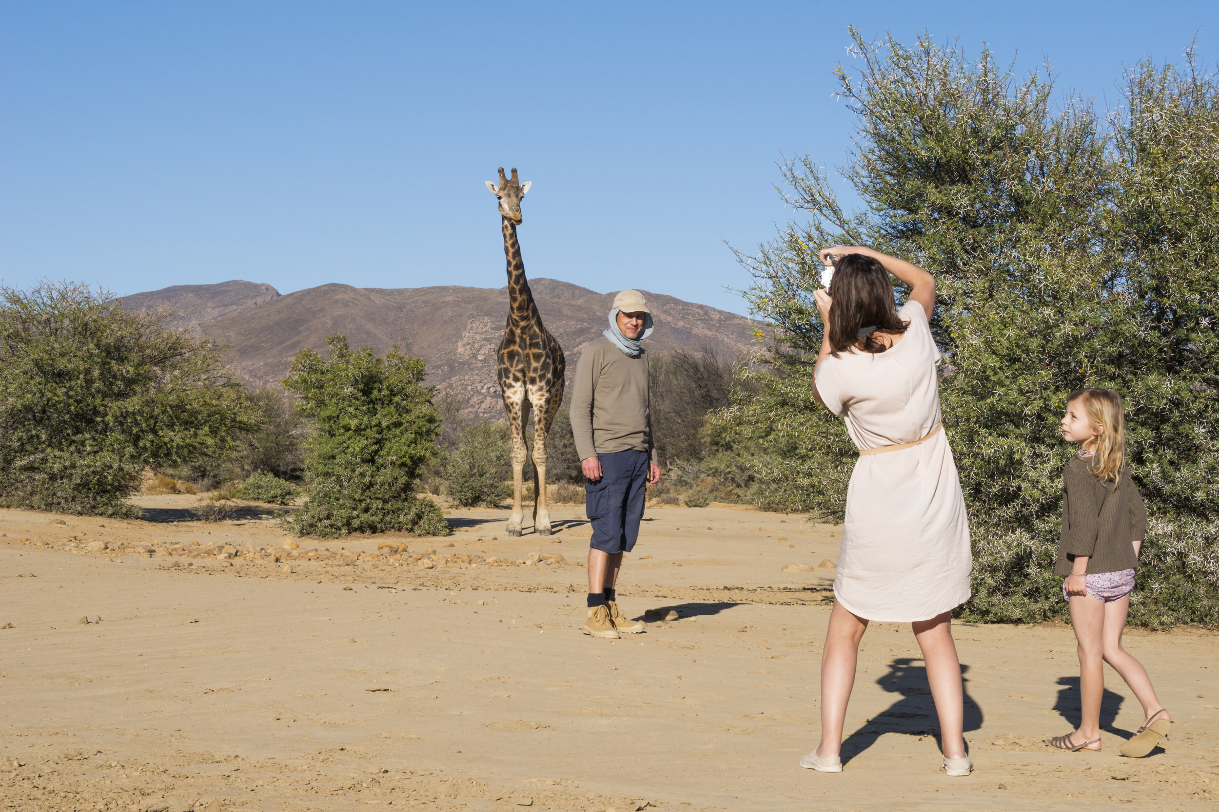 An expat family who have recently completed a move to South Africa take pictures of each other in front of a giraffe while on a walking safari at Inverdoorn Game Reserve, in the arid Karoo desert.